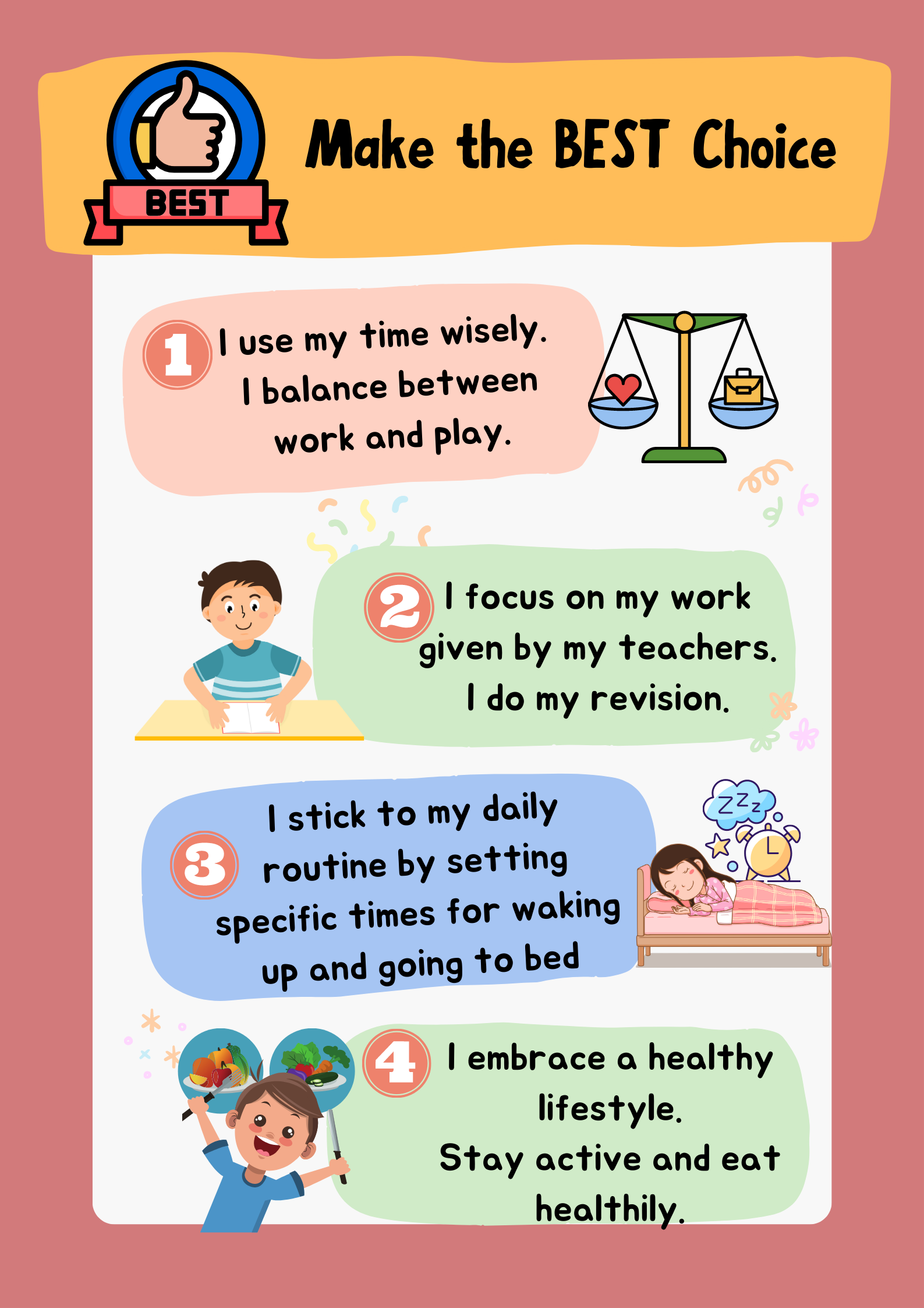 Colorful poster titled Make the BEST Choice listing 4 kids' tips: balance time, focus on work, sleep routine, and healthy lifestyle.
